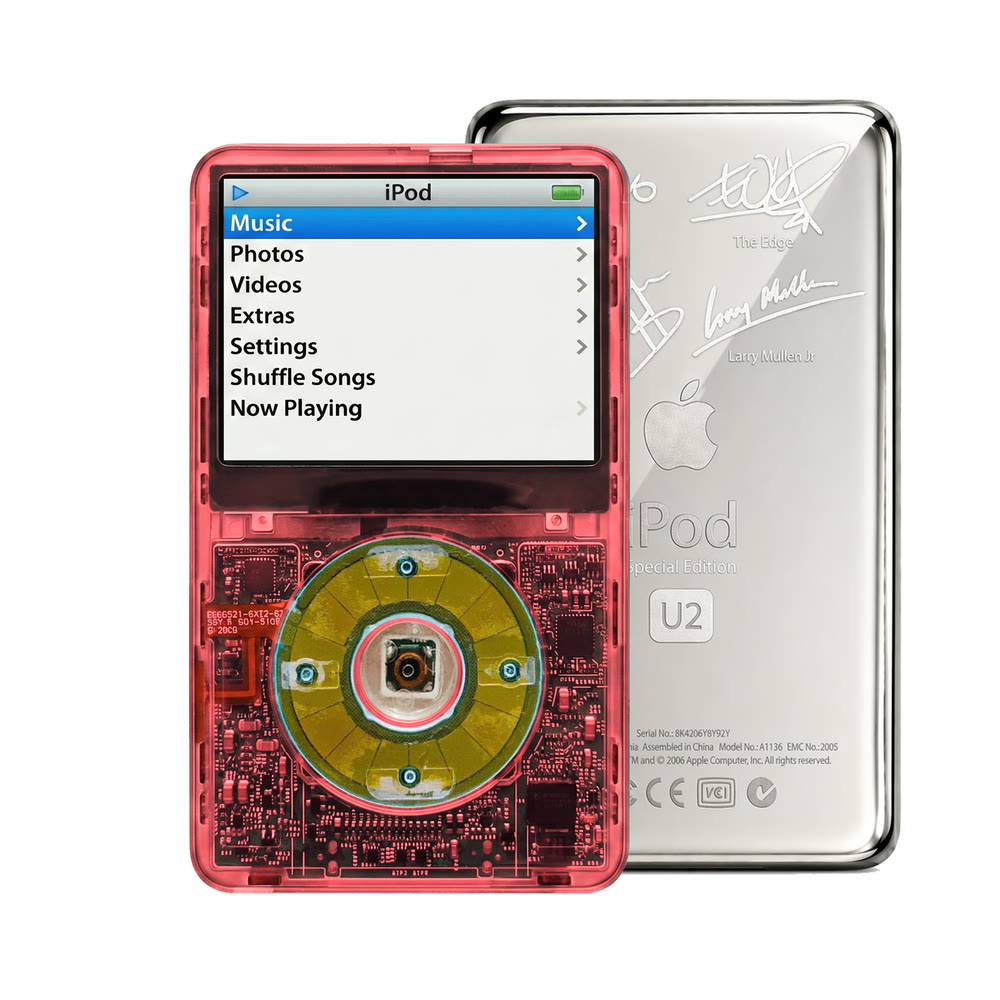 Clear Red refurbished iPod Video 5.5 Gen with Clear Blue click wheel and Silver U2 back plate