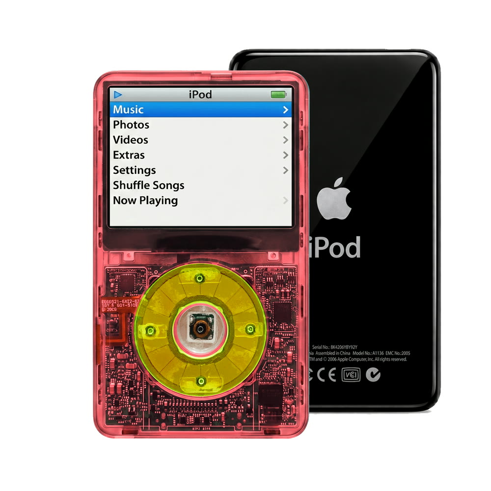 Clear Red refurbished iPod Video 5.5 Gen with Clear Green click wheel and Black back plate