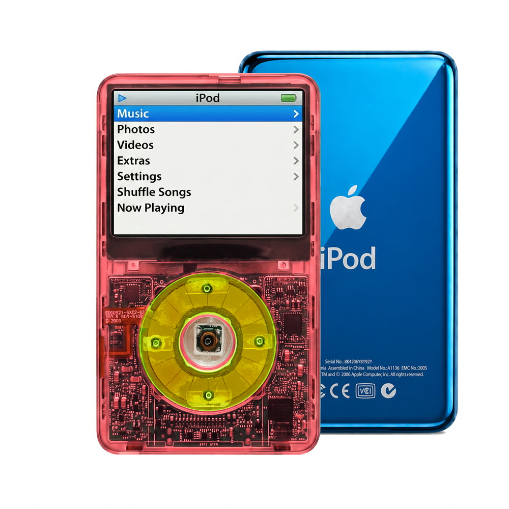 Clear Red refurbished iPod Video 5.5 Gen with Clear Green click wheel and Blue back plate