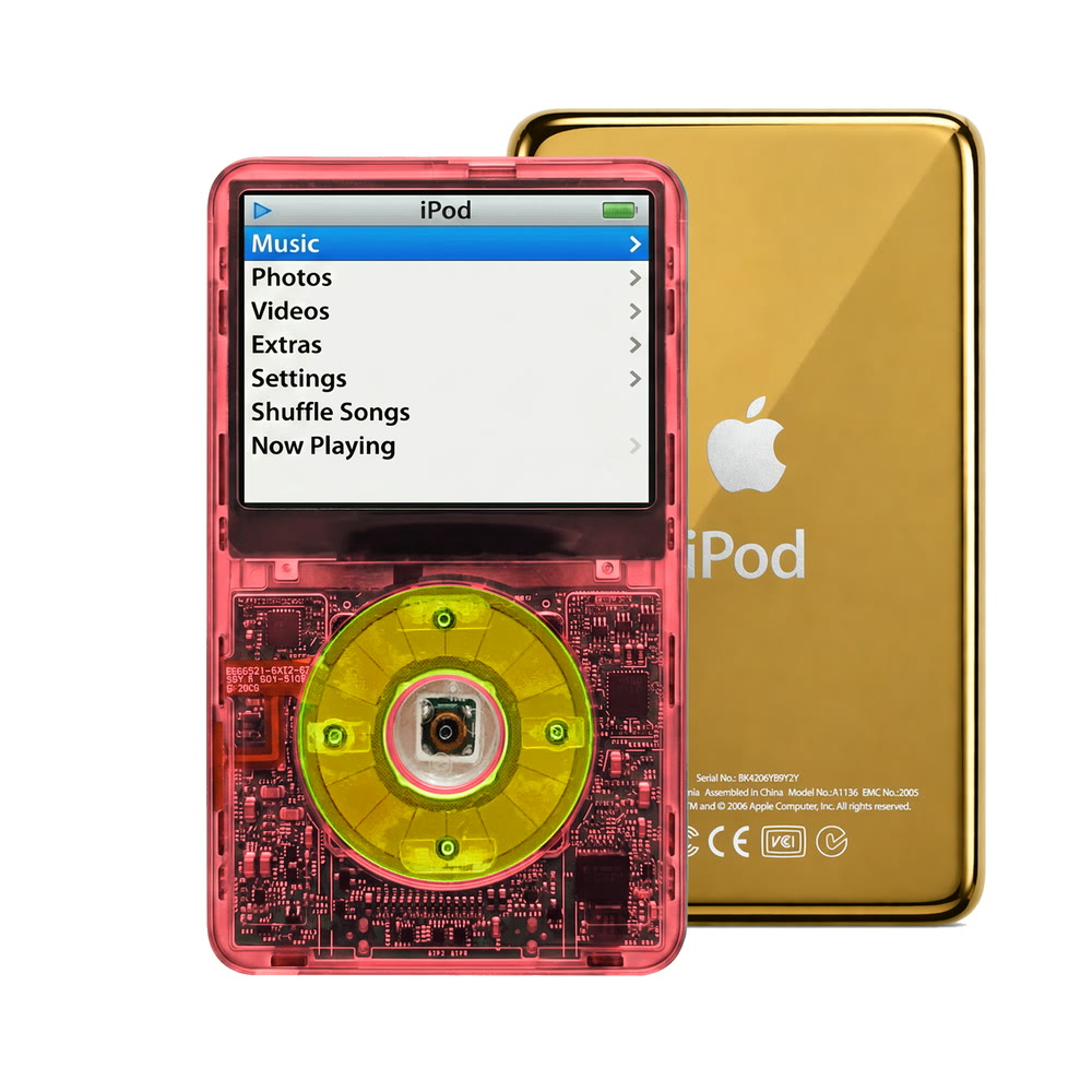Clear Red refurbished iPod Video 5.5 Gen with Clear Green click wheel and Gold back plate