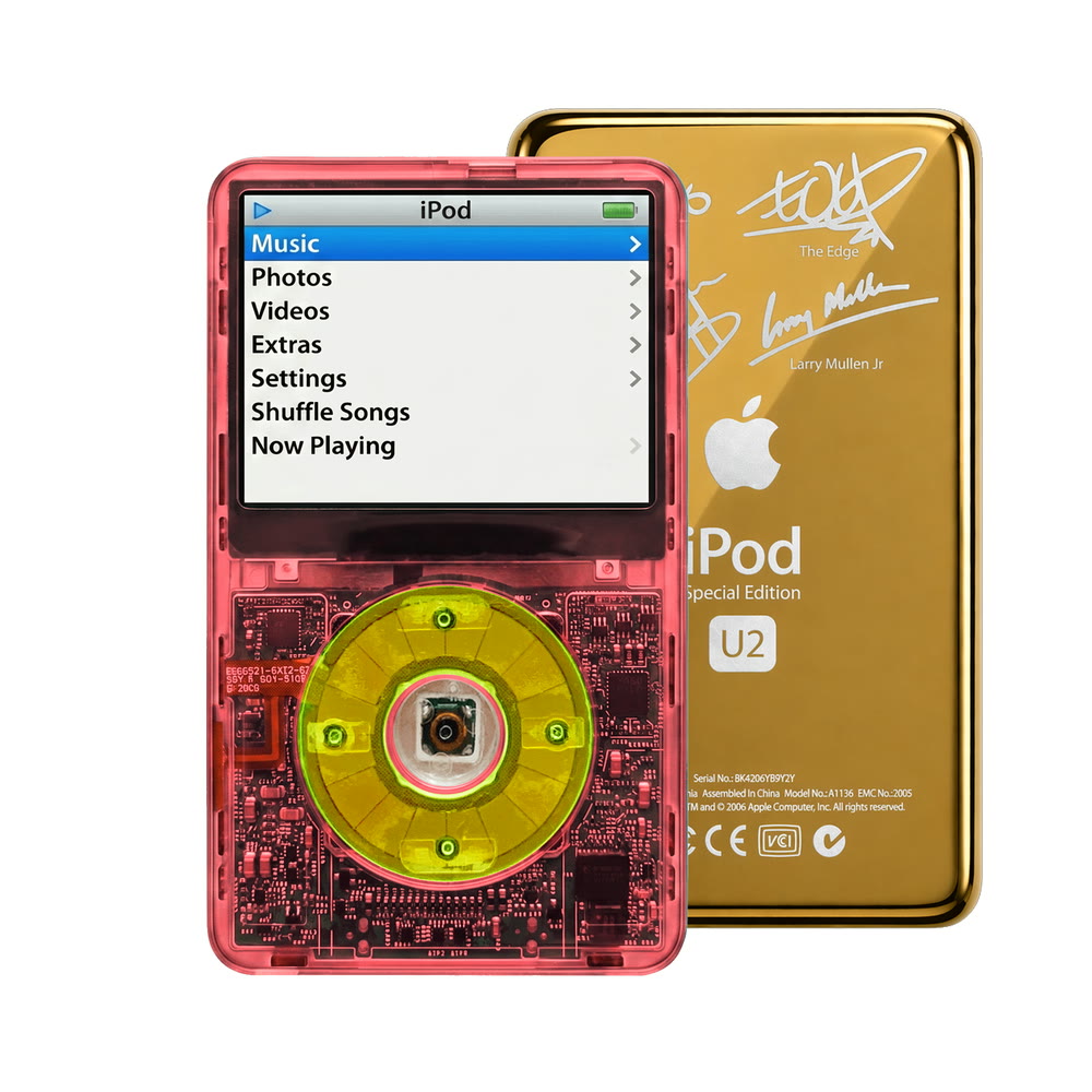Clear Red refurbished iPod Video 5.5 Gen with Clear Green click wheel and Gold U2 back plate