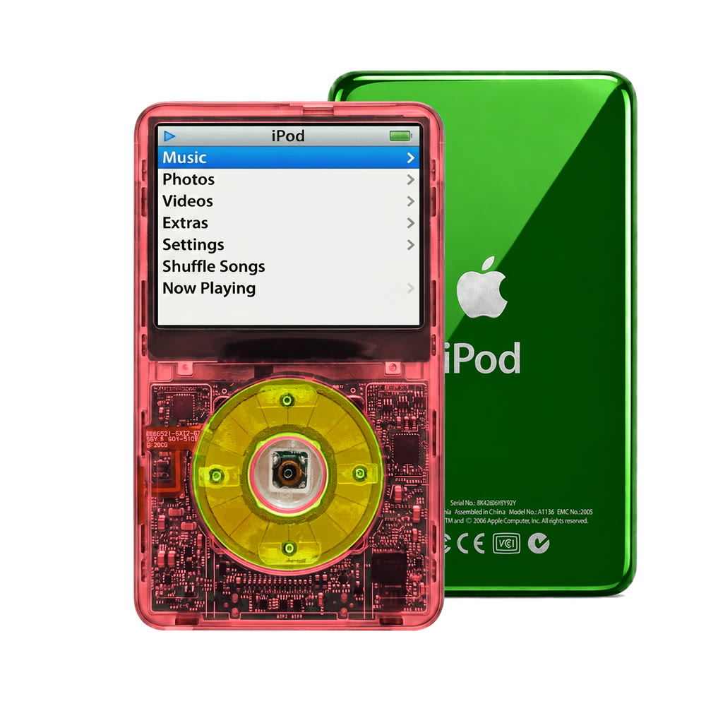 Clear Red refurbished iPod Video 5.5 Gen with Clear Green click wheel and Green back plate