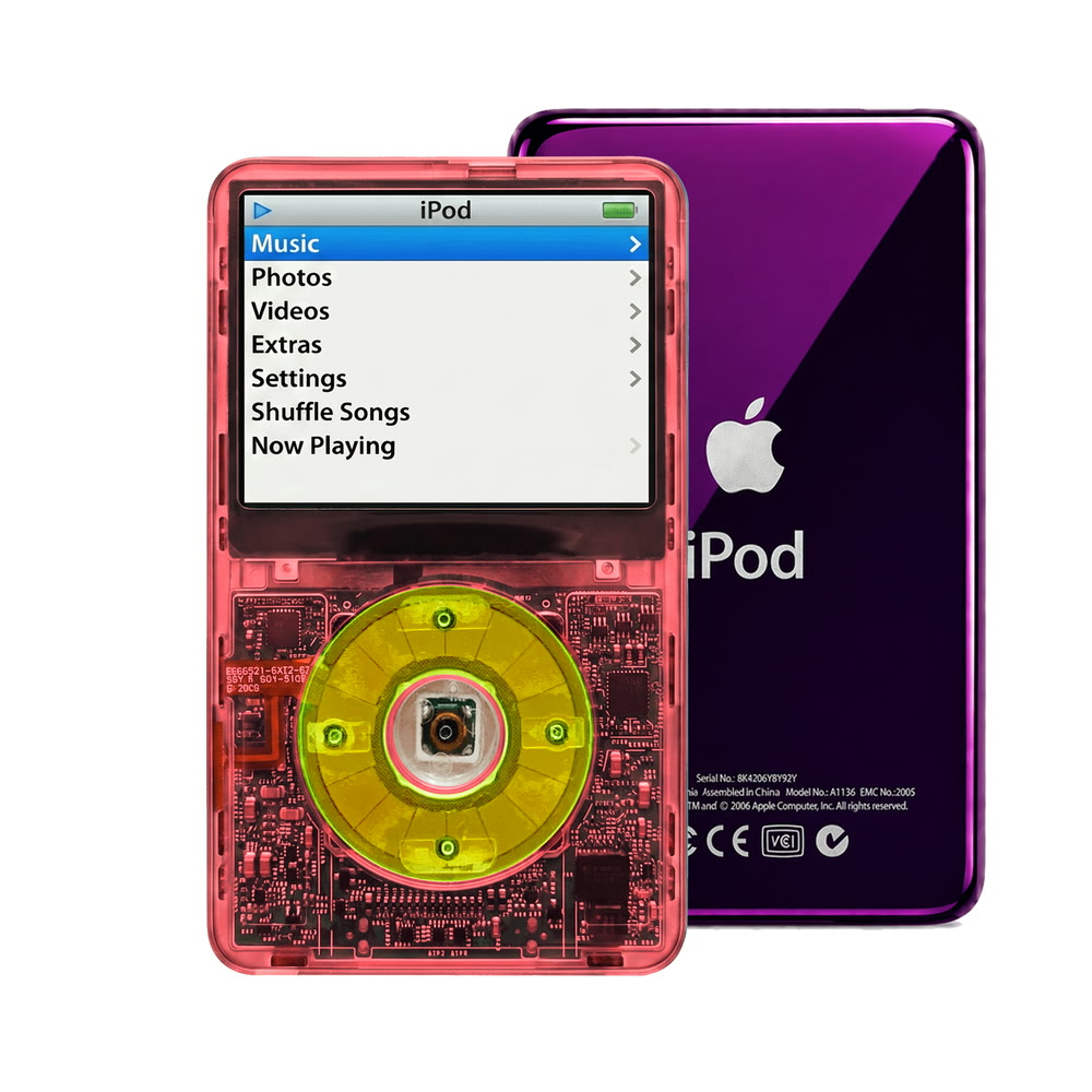 Clear Red refurbished iPod Video 5.5 Gen with Clear Green click wheel and Purple back plate