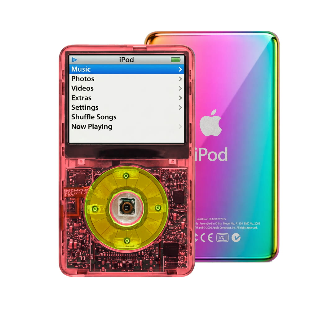 Clear Red refurbished iPod Video 5.5 Gen with Clear Green click wheel and Rainbow back plate
