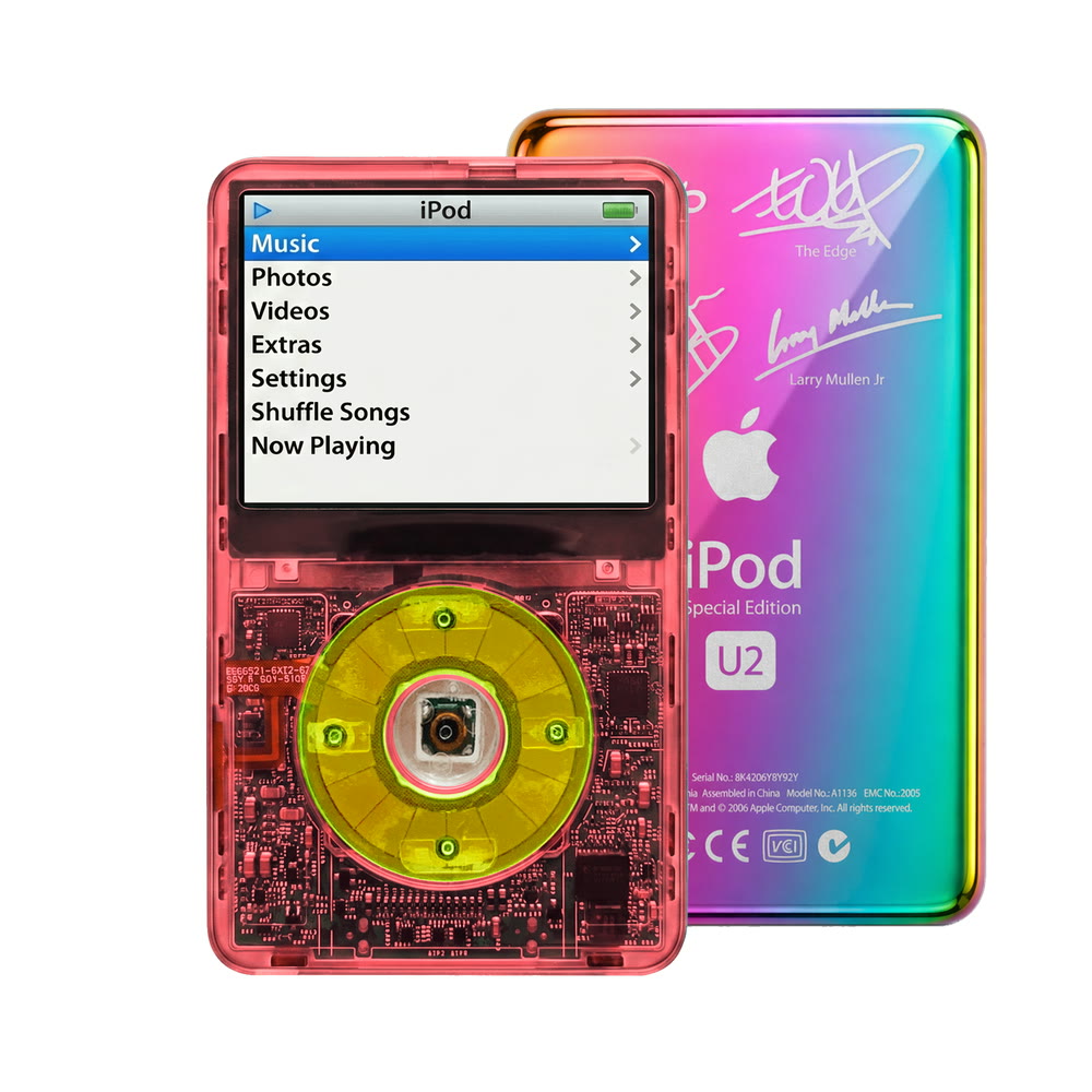 Clear Red refurbished iPod Video 5.5 Gen with Clear Green click wheel and Rainbow U2 back plate