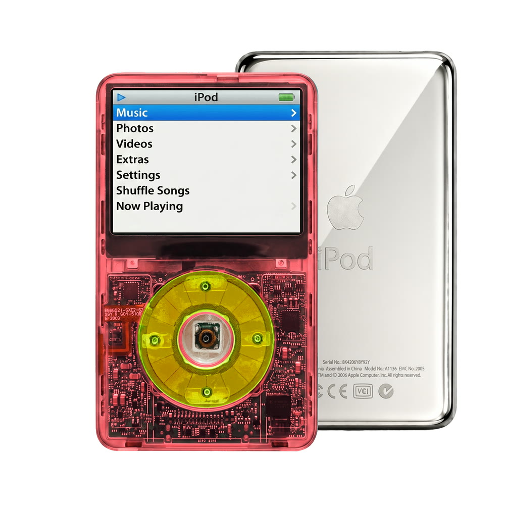 Clear Red refurbished iPod Video 5.5 Gen with Clear Green click wheel and Silver back plate