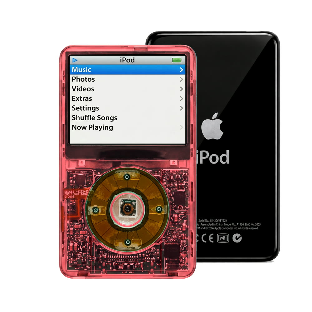 Clear Red refurbished iPod Video 5.5 Gen with Clear Gray click wheel and Black back plate