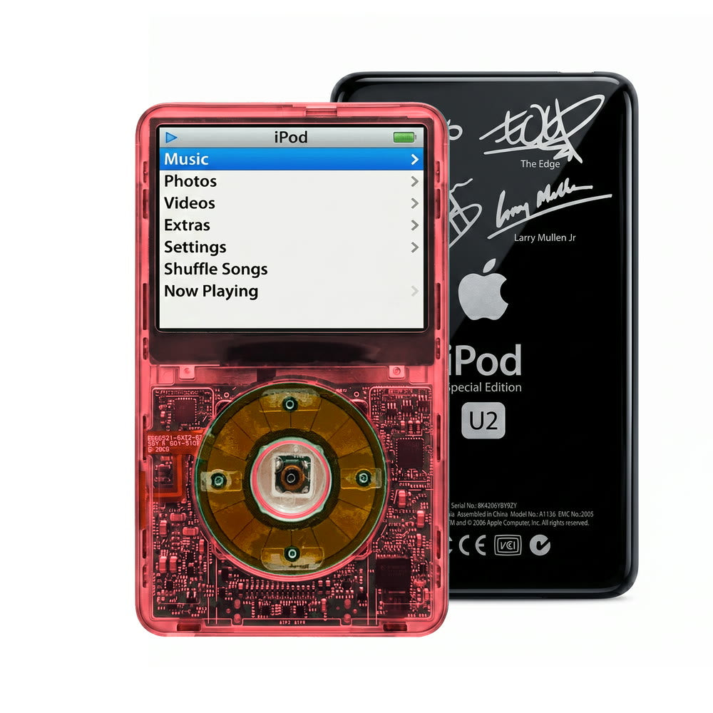 Clear Red refurbished iPod Video 5.5 Gen with Clear Gray click wheel and Black U2 back plate