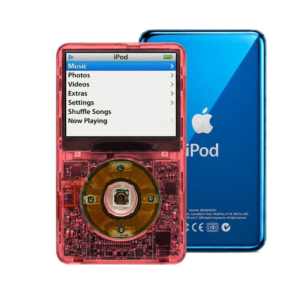 Clear Red refurbished iPod Video 5.5 Gen with Clear Gray click wheel and Blue back plate