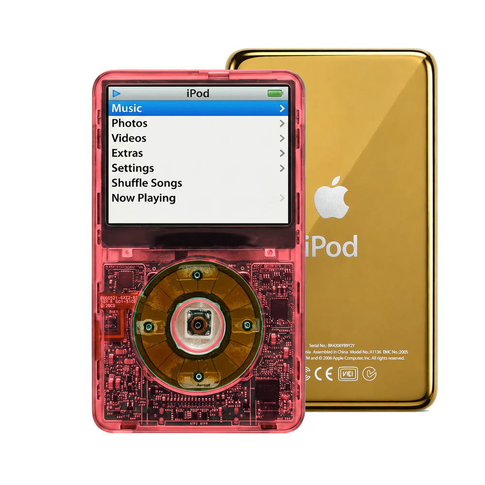 Clear Red refurbished iPod Video 5.5 Gen with Clear Gray click wheel and Gold back plate