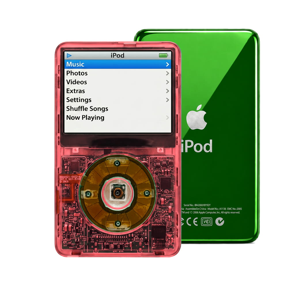 Clear Red refurbished iPod Video 5.5 Gen with Clear Gray click wheel and Green back plate