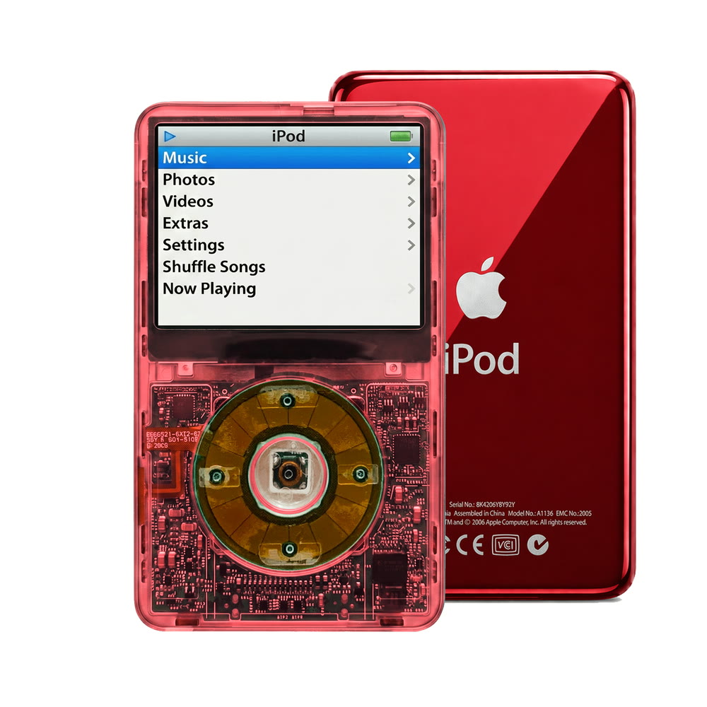 Clear Red refurbished iPod Video 5.5 Gen with Clear Gray click wheel and Red back plate