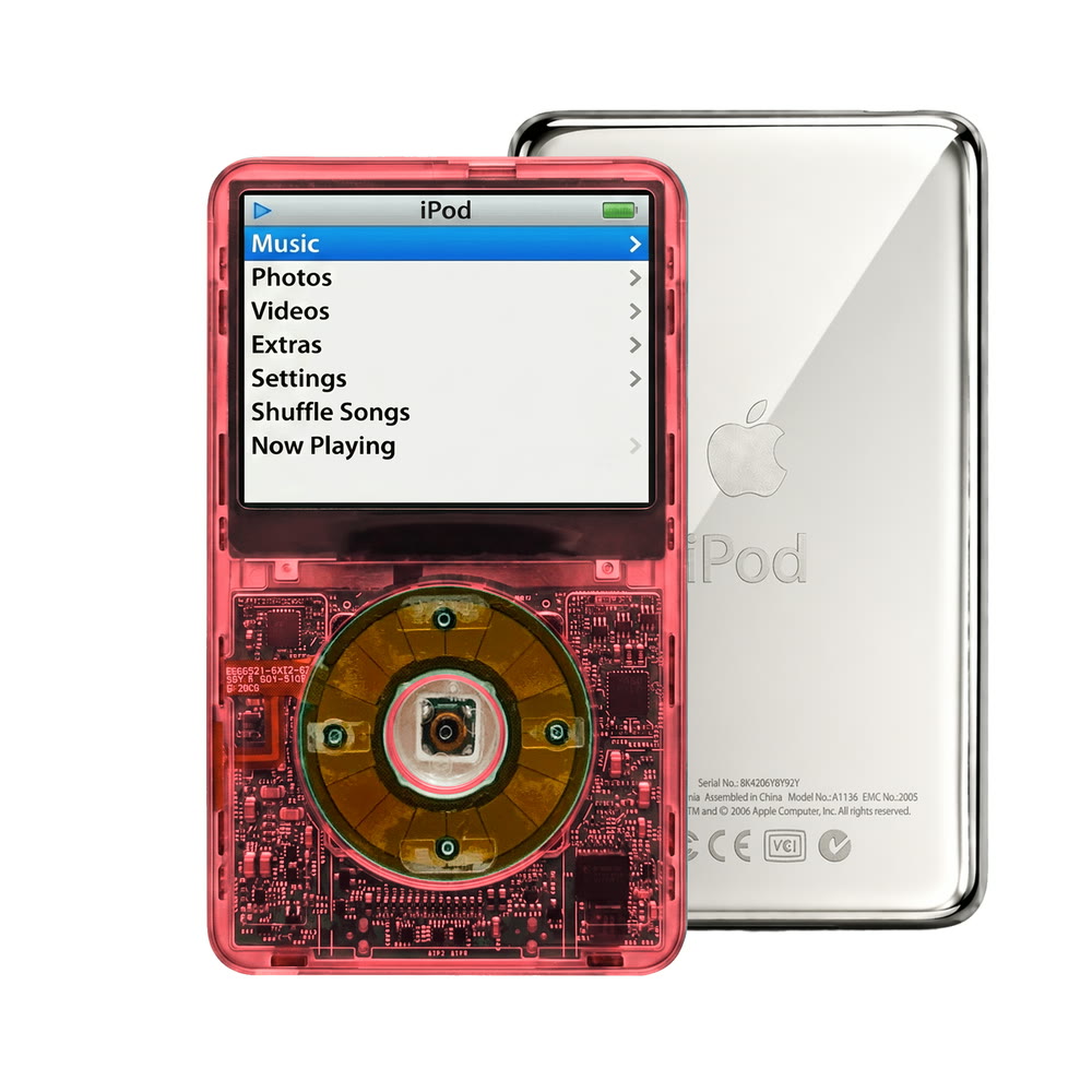 Clear Red refurbished iPod Video 5.5 Gen with Clear Gray click wheel and Silver back plate