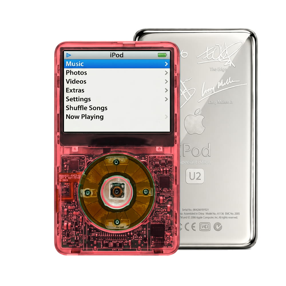 Clear Red refurbished iPod Video 5.5 Gen with Clear Gray click wheel and Silver U2 back plate