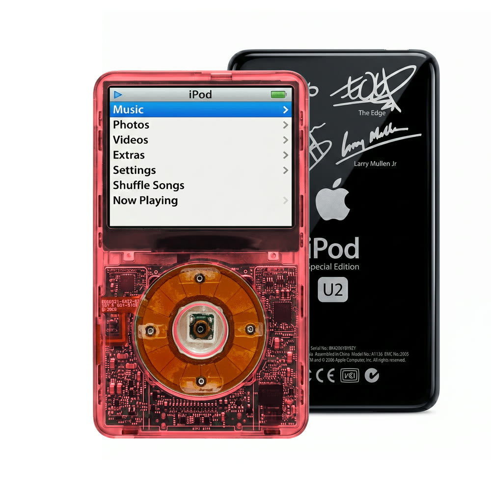 Clear Red refurbished iPod Video 5.5 Gen with Clear click wheel and Black U2 back plate