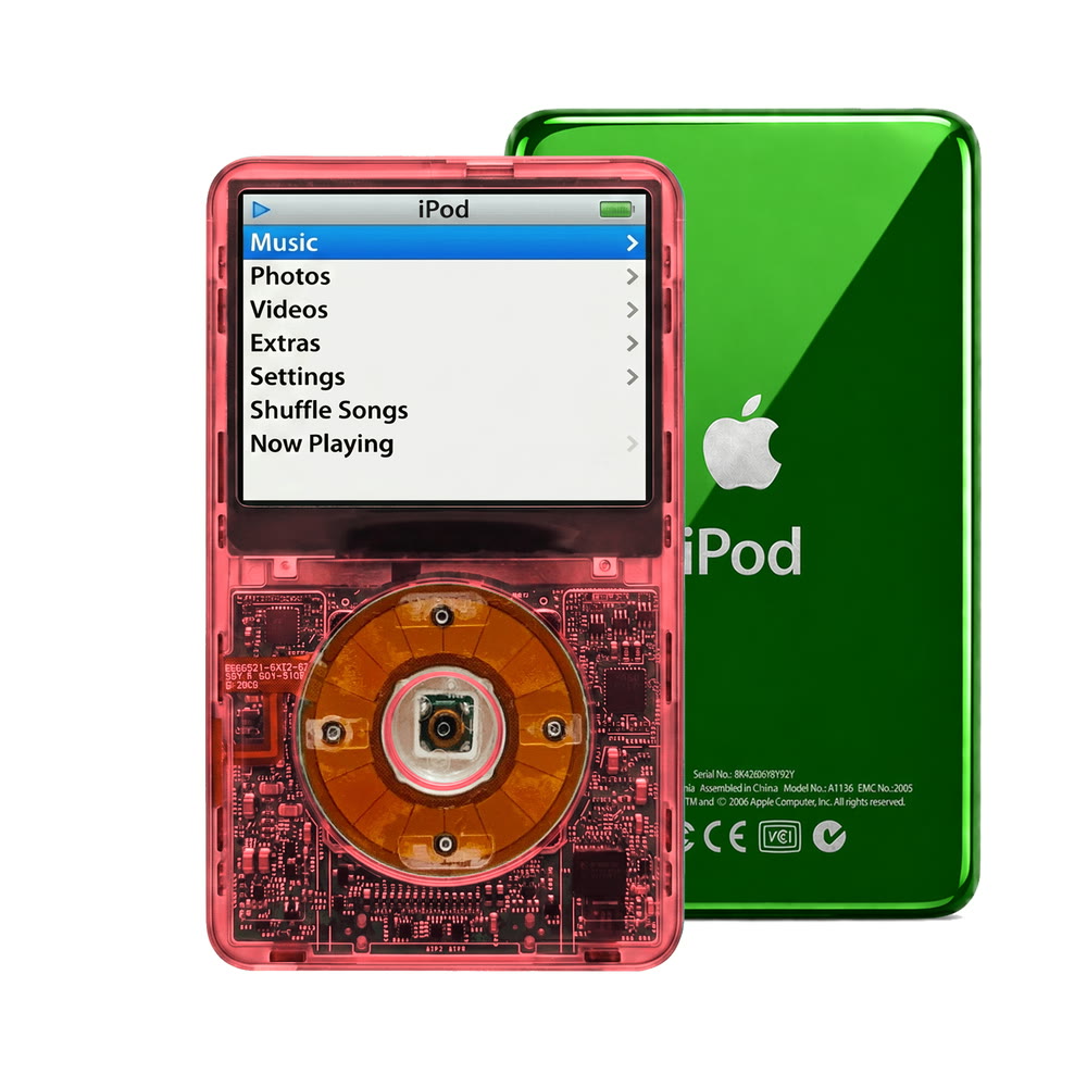 Clear Red refurbished iPod Video 5.5 Gen with Clear click wheel and Green back plate