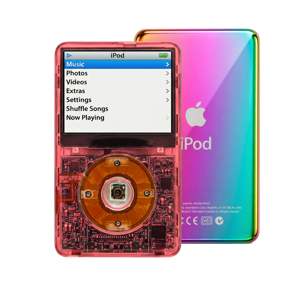 Clear Red refurbished iPod Video 5.5 Gen with Clear click wheel and Rainbow back plate