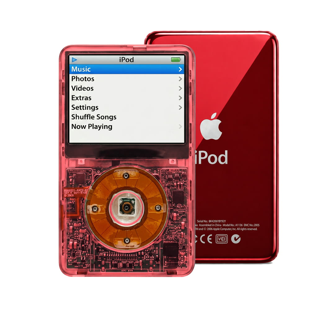 Clear Red refurbished iPod Video 5.5 Gen with Clear click wheel and Red back plate