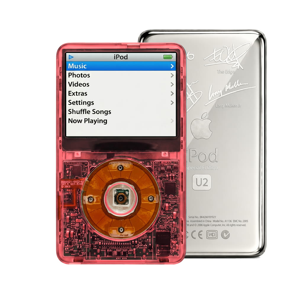 Clear Red refurbished iPod Video 5.5 Gen with Clear click wheel and Silver U2 back plate