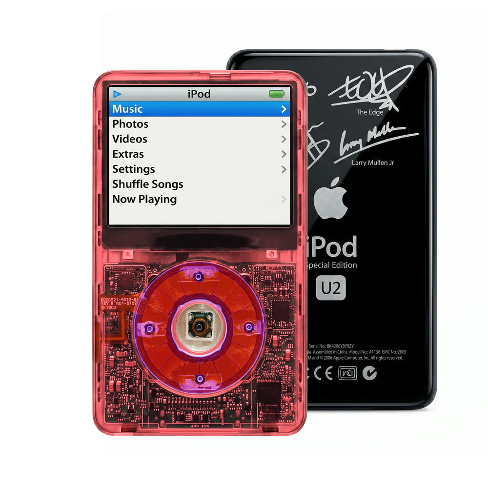Clear Red refurbished iPod Video 5.5 Gen with Clear Purple click wheel and Black U2 back plate
