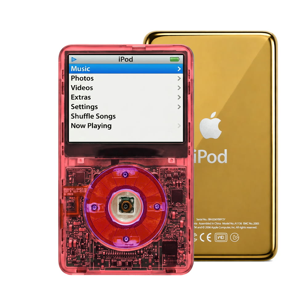 Clear Red refurbished iPod Video 5.5 Gen with Clear Purple click wheel and Gold back plate