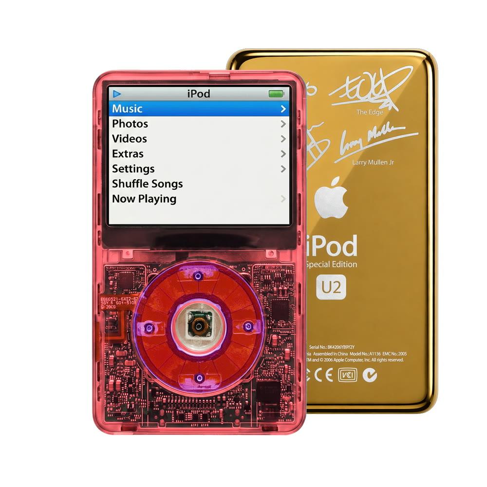 Clear Red refurbished iPod Video 5.5 Gen with Clear Purple click wheel and Gold U2 back plate