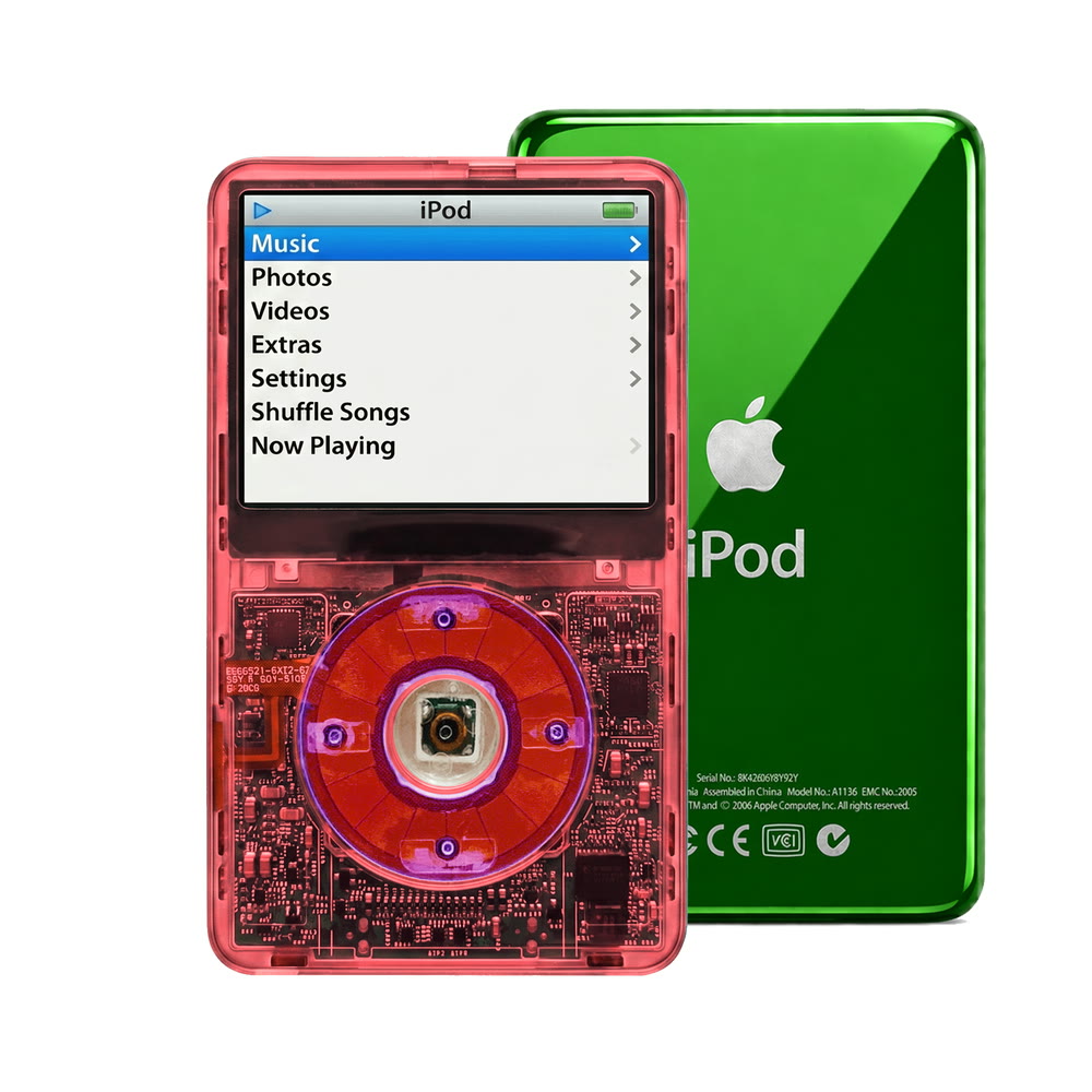Clear Red refurbished iPod Video 5.5 Gen with Clear Purple click wheel and Green back plate