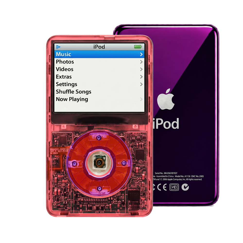 Clear Red refurbished iPod Video 5.5 Gen with Clear Purple click wheel and Purple back plate