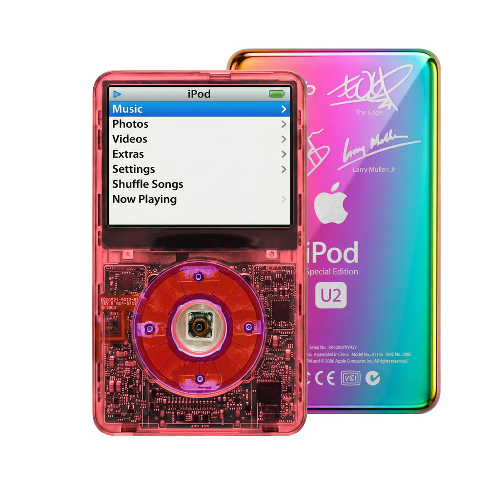 Clear Red refurbished iPod Video 5.5 Gen with Clear Purple click wheel and Rainbow U2 back plate
