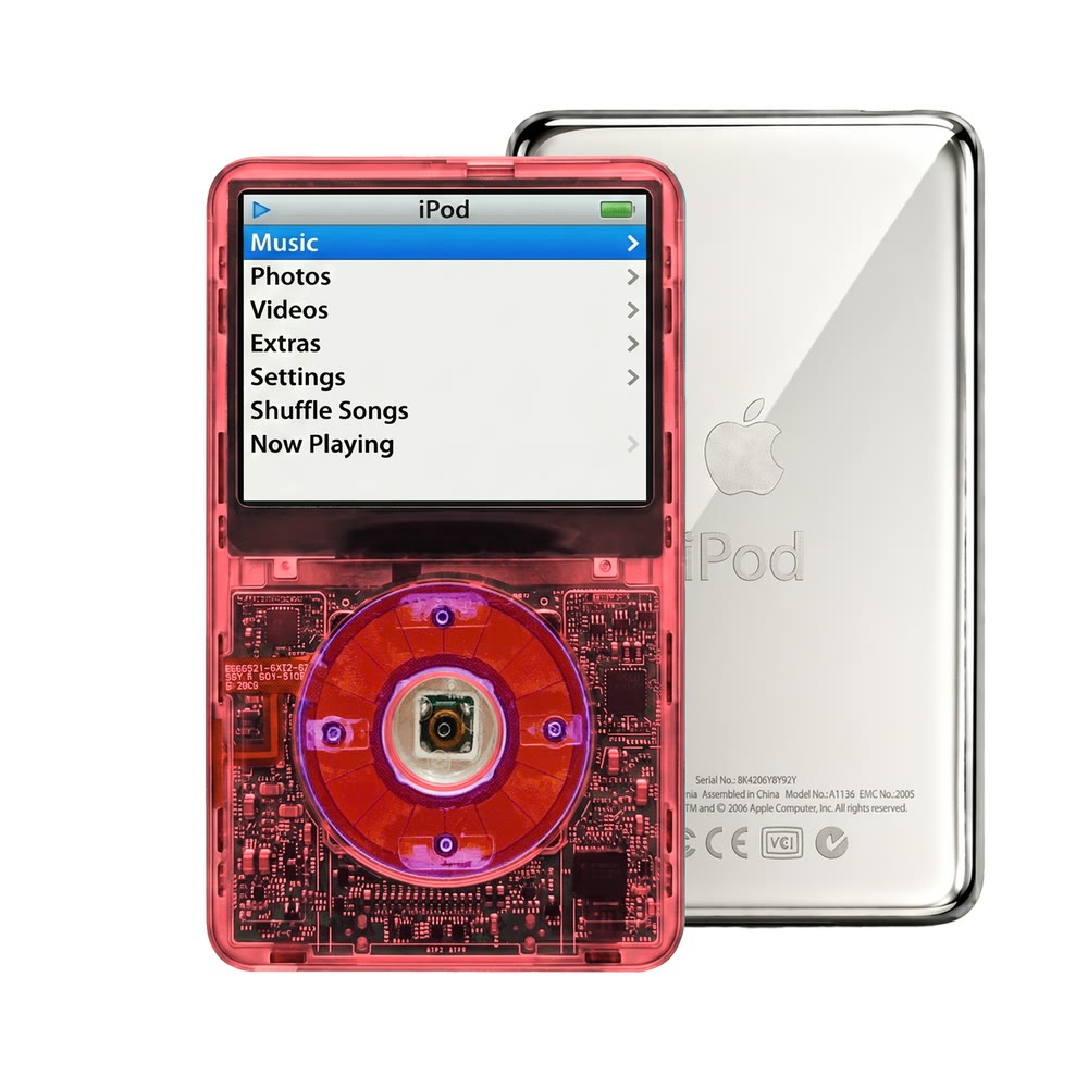 Clear Red refurbished iPod Video 5.5 Gen with Clear Purple click wheel and Silver back plate