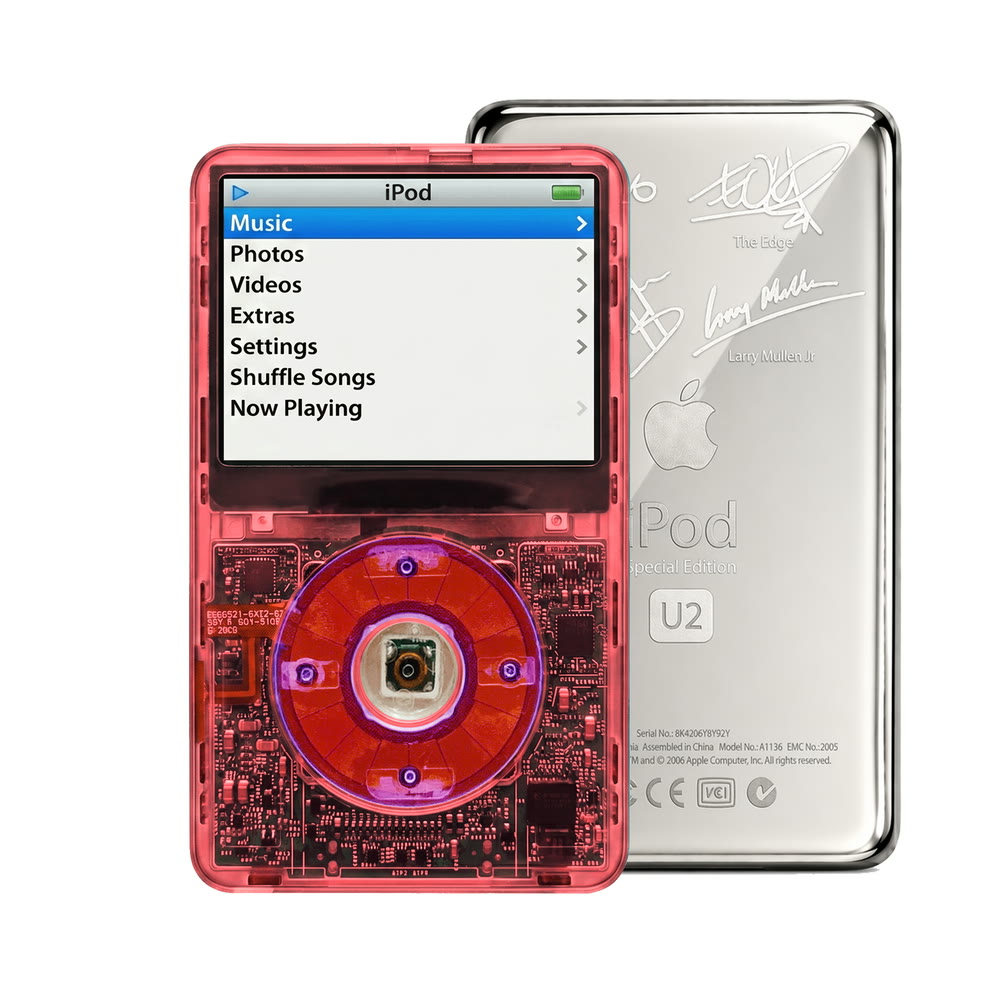 Clear Red refurbished iPod Video 5.5 Gen with Clear Purple click wheel and Silver U2 back plate