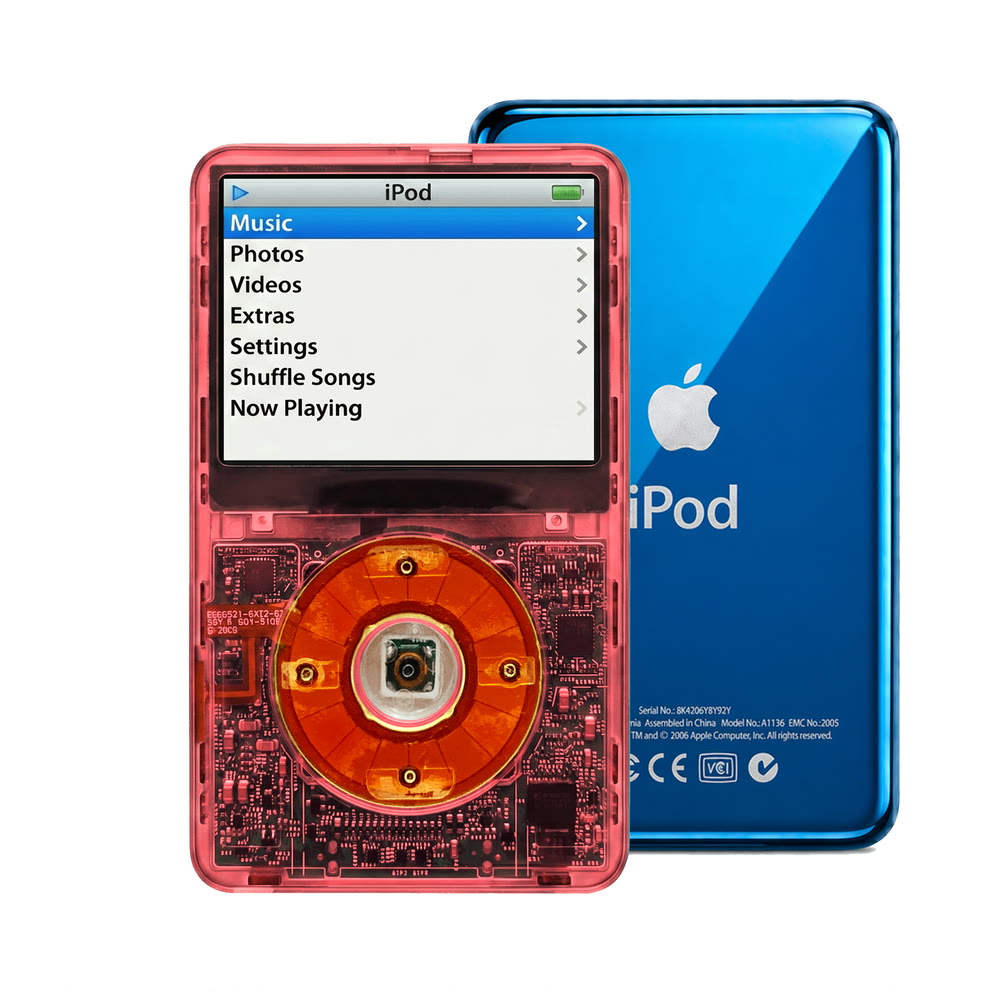 Clear Red refurbished iPod Video 5.5 Gen with Clear Red click wheel and Blue back plate