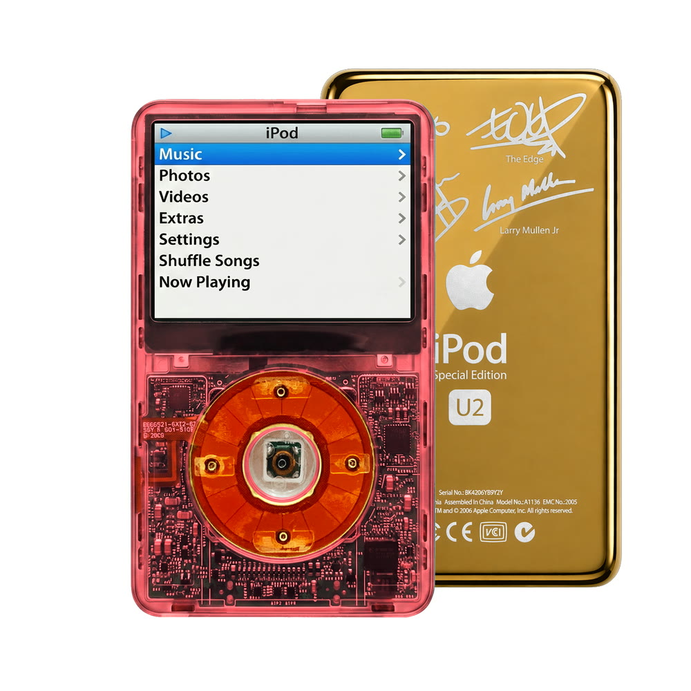 Clear Red refurbished iPod Video 5.5 Gen with Clear Red click wheel and Gold U2 back plate