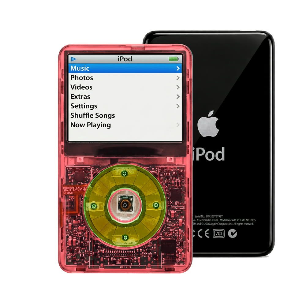 Clear Red refurbished iPod Video 5.5 Gen with Clear Silver Green click wheel and Black back plate