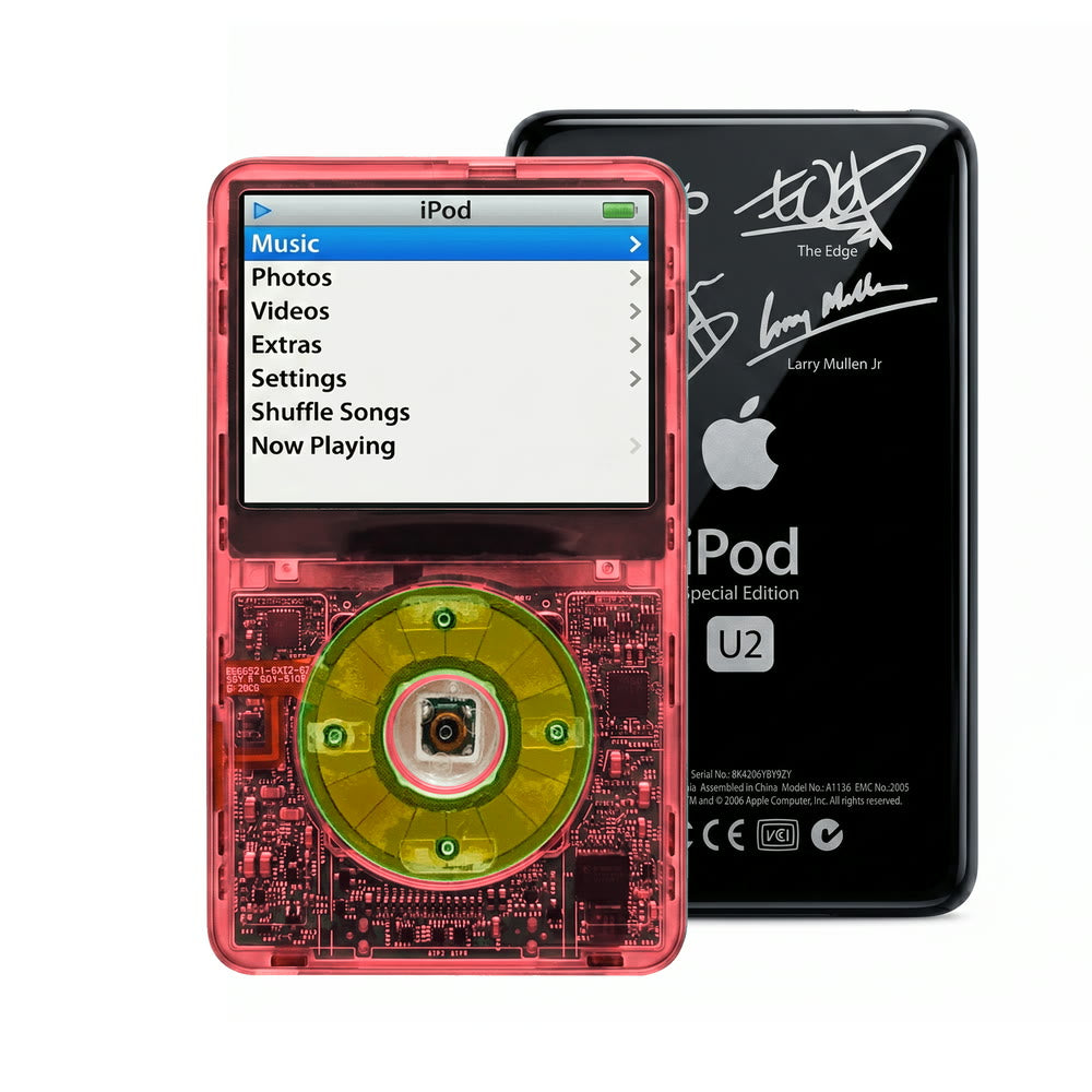 Clear Red refurbished iPod Video 5.5 Gen with Clear Silver Green click wheel and Black U2 back plate