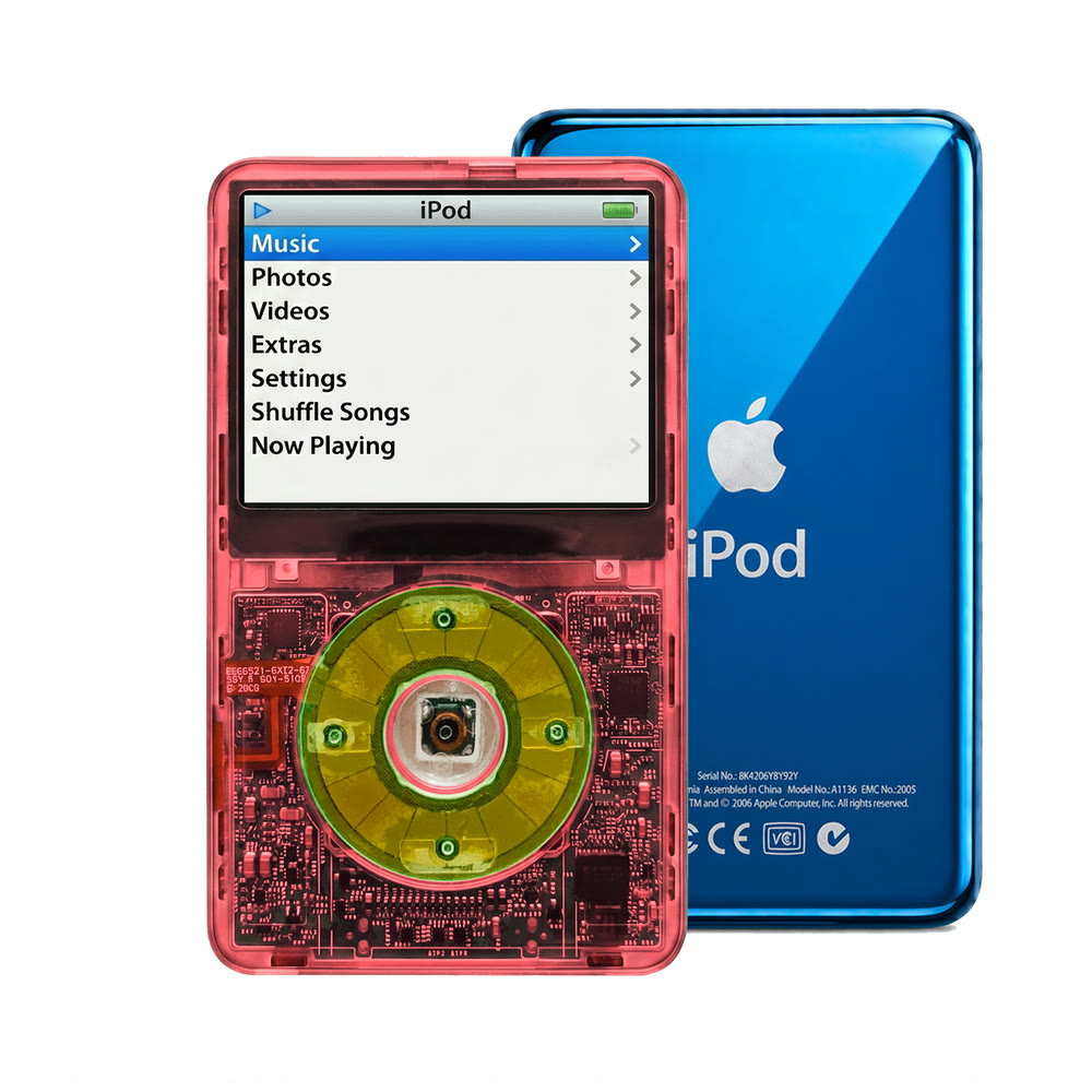 Clear Red refurbished iPod Video 5.5 Gen with Clear Silver Green click wheel and Blue back plate