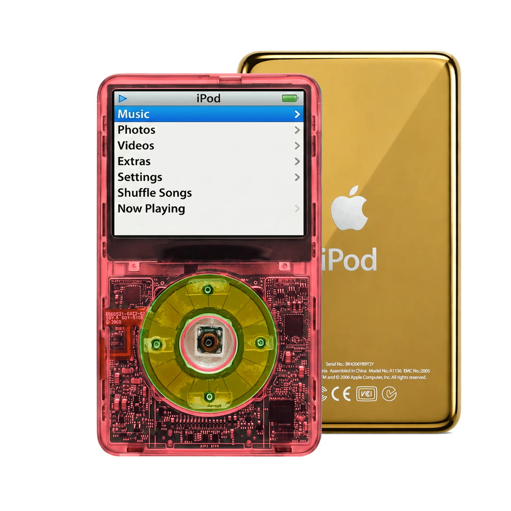 Clear Red refurbished iPod Video 5.5 Gen with Clear Silver Green click wheel and Gold back plate