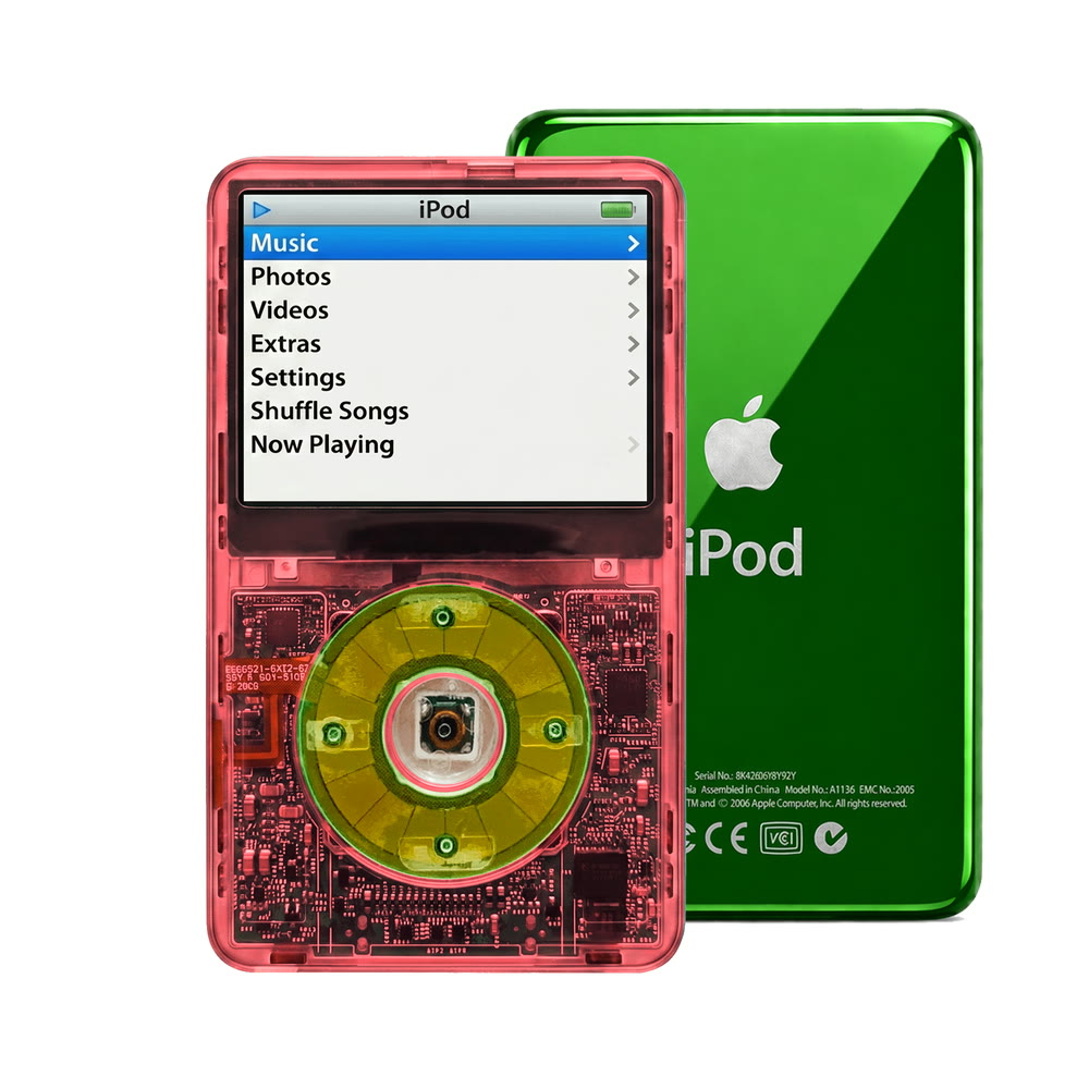 Clear Red refurbished iPod Video 5.5 Gen with Clear Silver Green click wheel and Green back plate