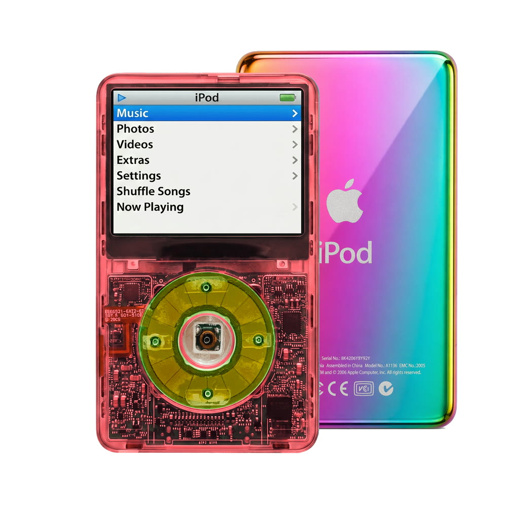 Clear Red refurbished iPod Video 5.5 Gen with Clear Silver Green click wheel and Rainbow back plate