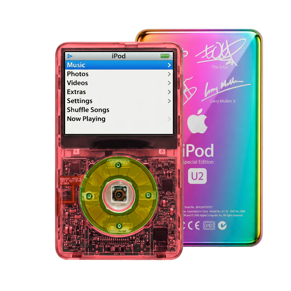 Clear Red refurbished iPod Video 5.5 Gen with Clear Silver Green click wheel and Rainbow U2 back plate