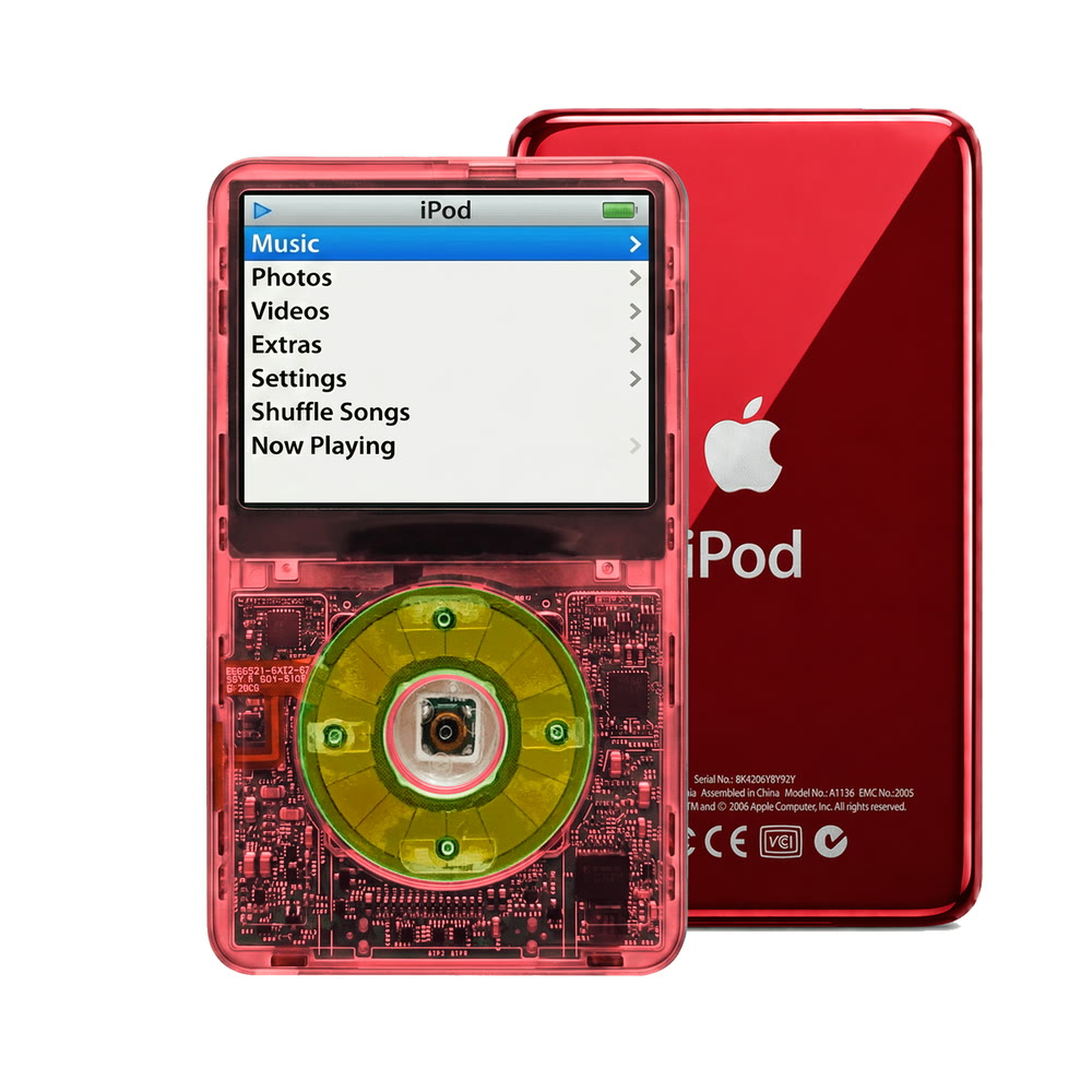 Clear Red refurbished iPod Video 5.5 Gen with Clear Silver Green click wheel and Red back plate