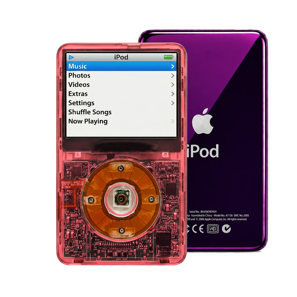 Clear Red refurbished iPod Video 5.5 Gen with Clear Yellow click wheel and Purple back plate