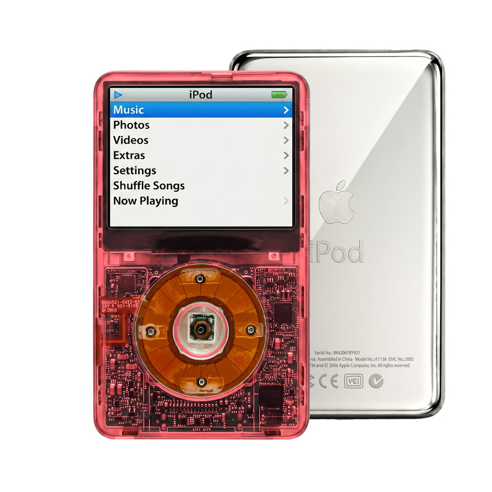 Clear Red refurbished iPod Video 5.5 Gen with Clear Yellow click wheel and Silver back plate
