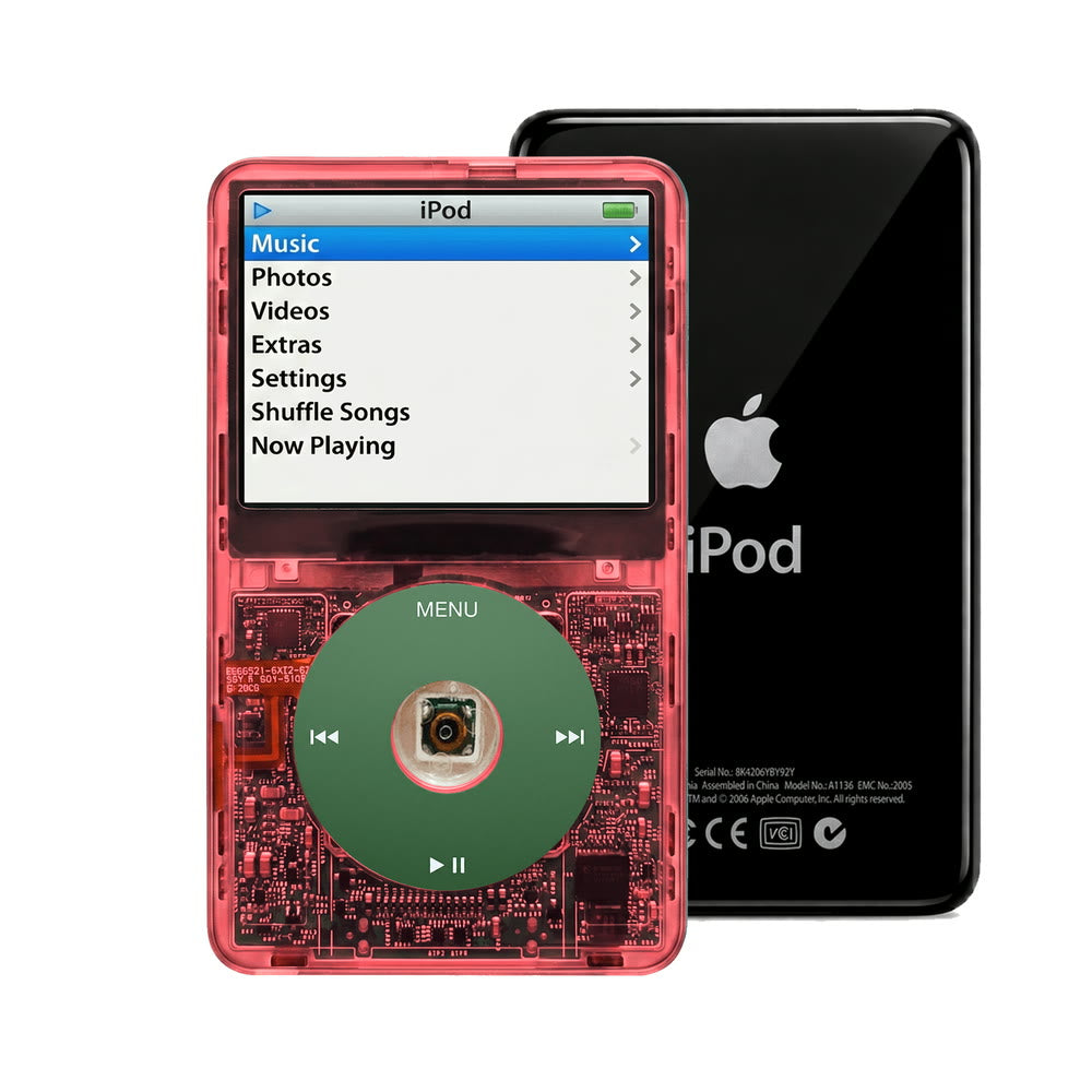 Clear Red refurbished iPod Video 5.5 Gen with Green click wheel and Black back plate