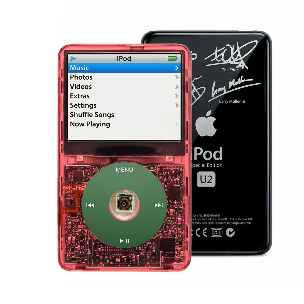 Clear Red refurbished iPod Video 5.5 Gen with Green click wheel and Black U2 back plate
