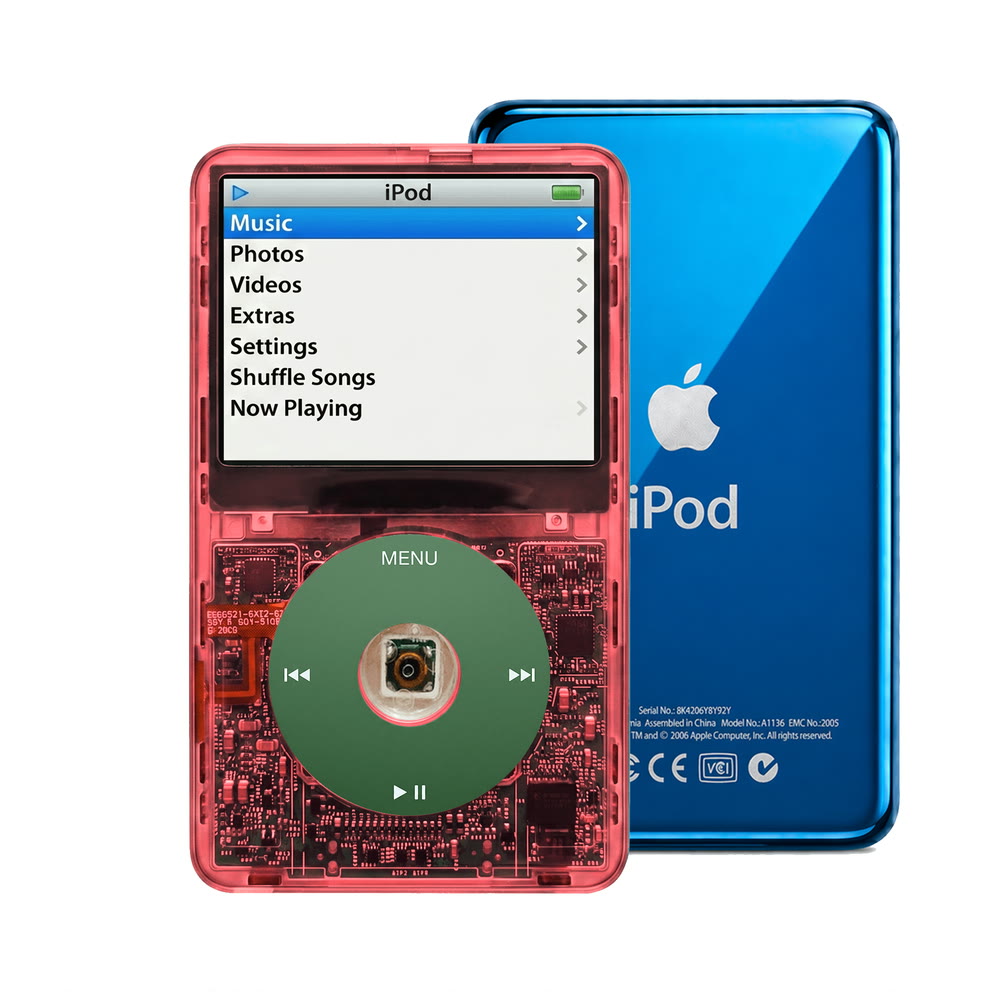 Clear Red refurbished iPod Video 5.5 Gen with Green click wheel and Blue back plate