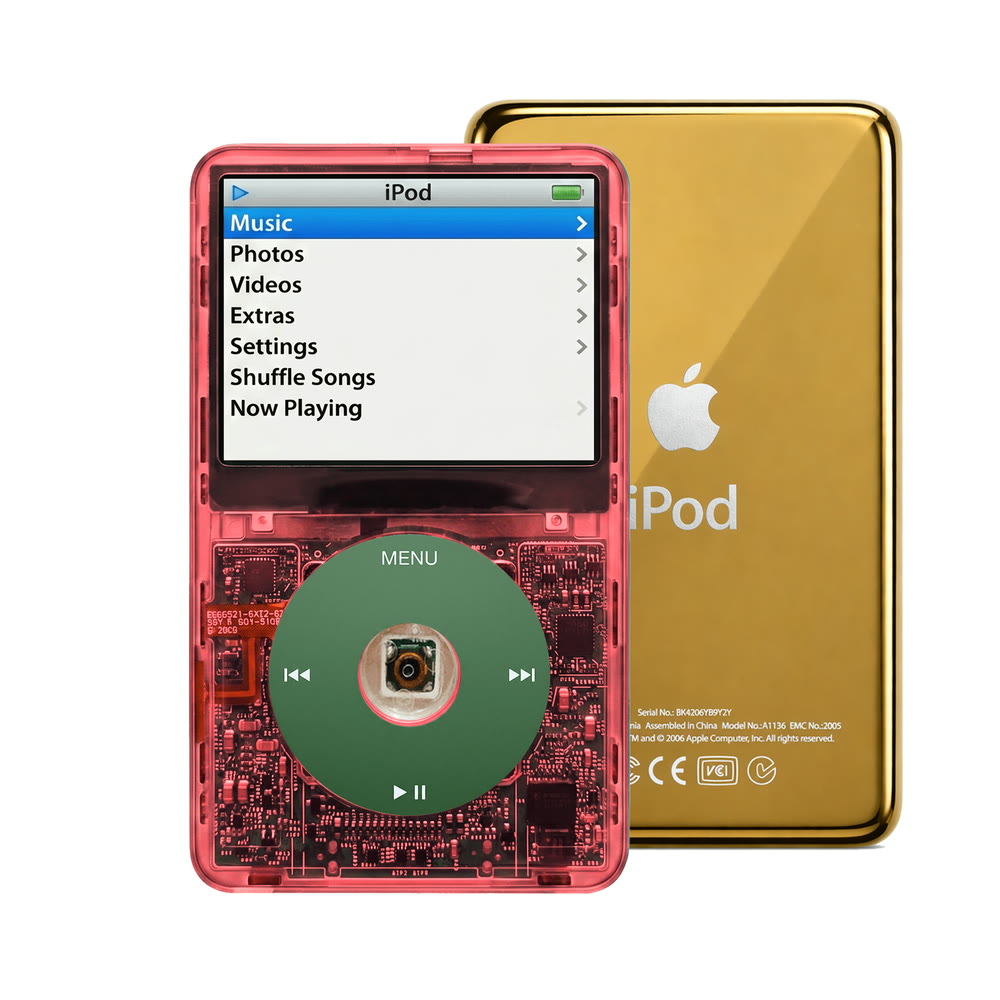 Clear Red refurbished iPod Video 5.5 Gen with Green click wheel and Gold back plate