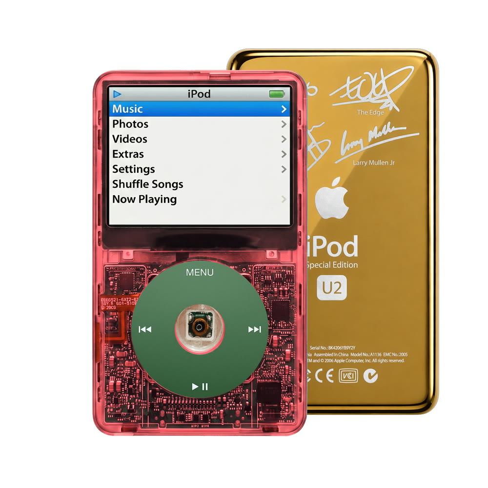 Clear Red refurbished iPod Video 5.5 Gen with Green click wheel and Gold U2 back plate