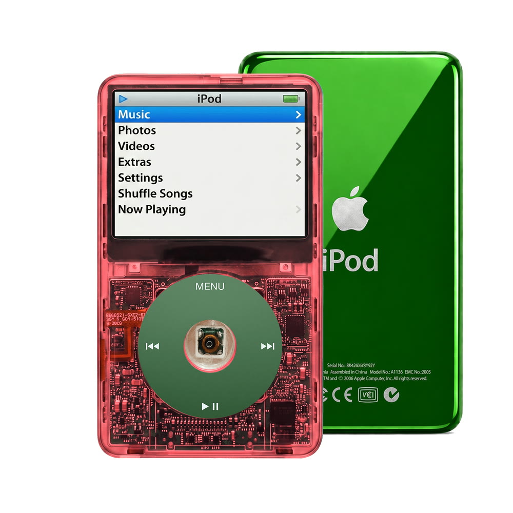 Clear Red refurbished iPod Video 5.5 Gen with Green click wheel and Green back plate