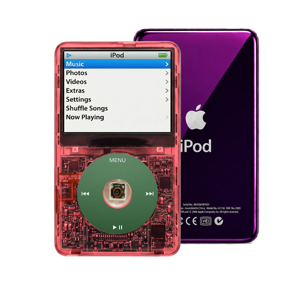 Clear Red refurbished iPod Video 5.5 Gen with Green click wheel and Purple back plate